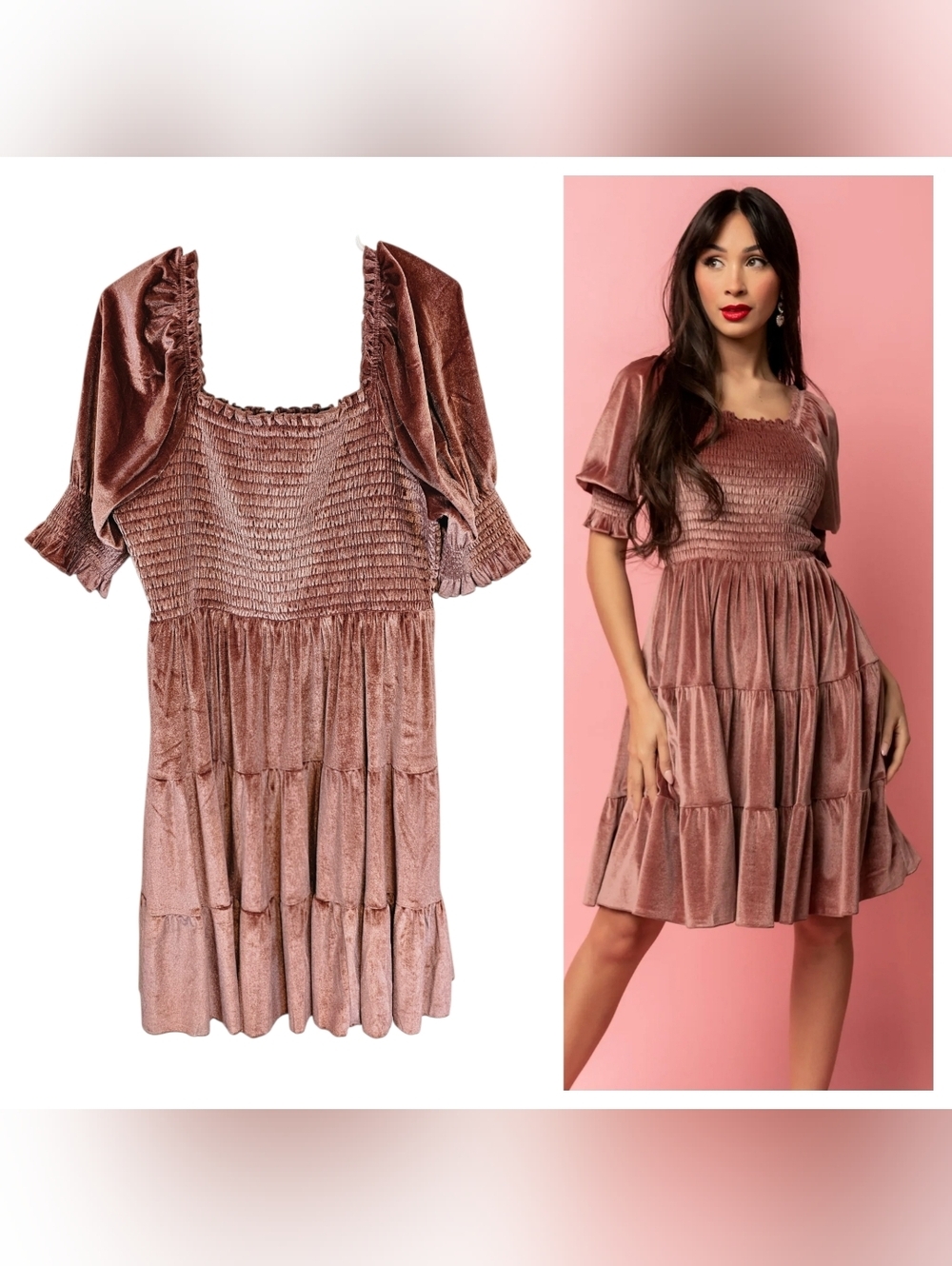 Baltic Born Bliss Smocked Velvet Tiered Mini Mauve Rose Gold Dress